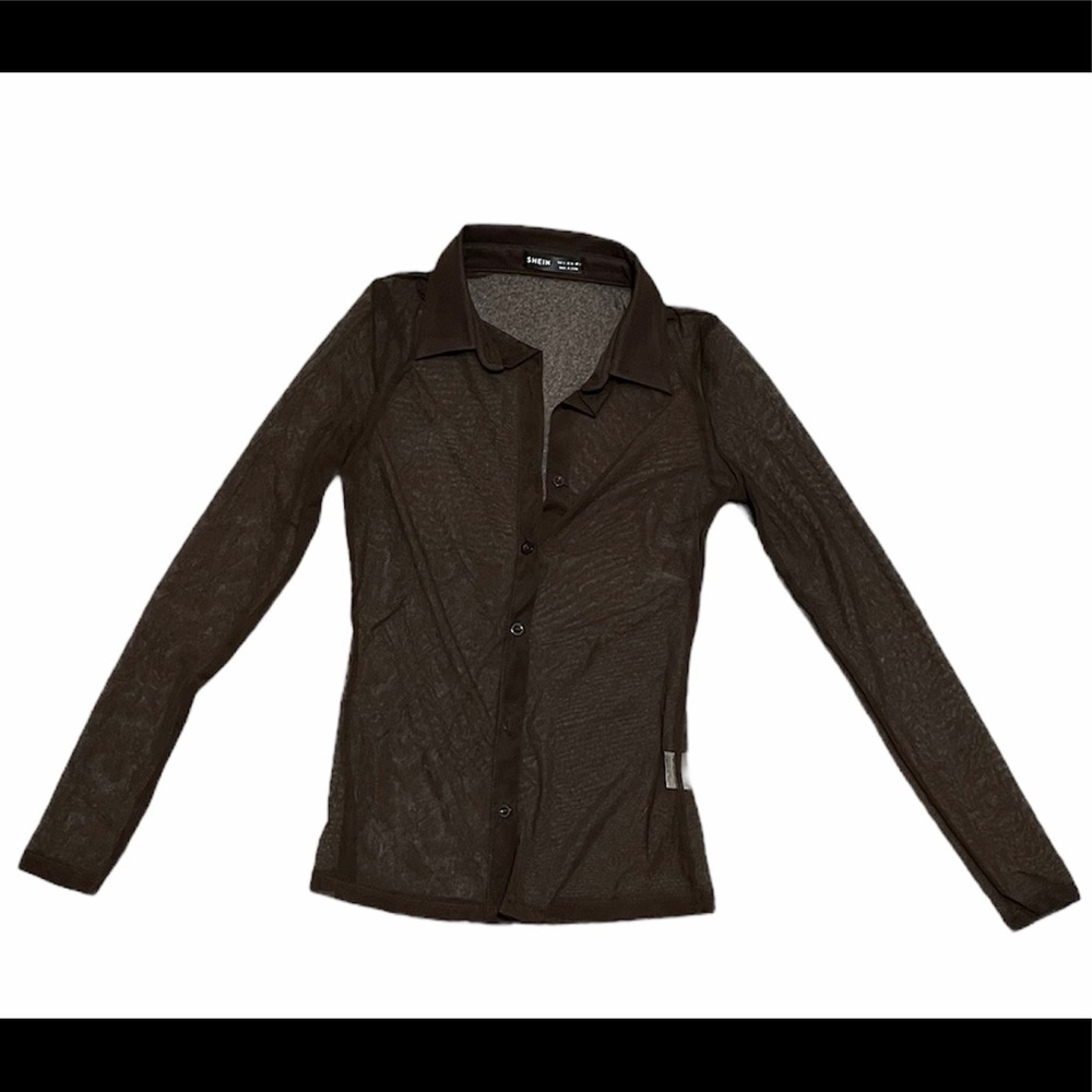 SHEIN brown long sleeve sheer button up shirt